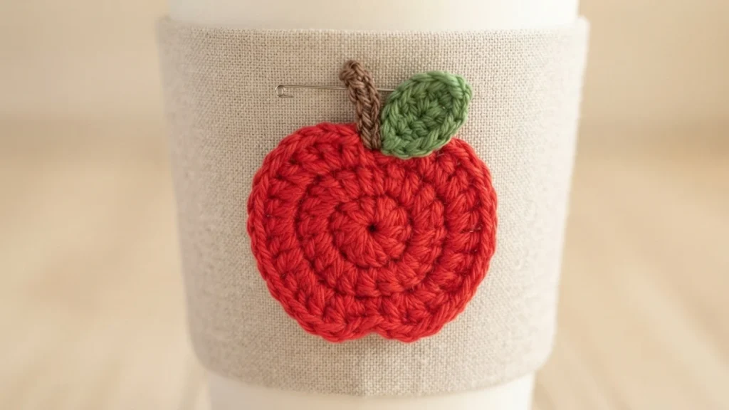 Red crocheted apple applique with a brown stem and a green leaf, sewn onto a cream fabric cup cozy wrapped around a cup.