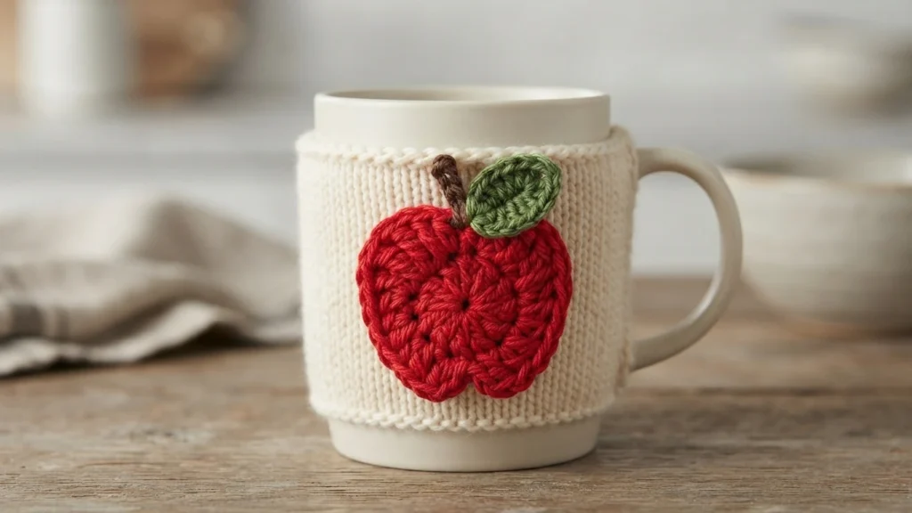 Applique pomme au crochet rouge avec tige brune et feuille verte, fixée sur un cache-tasse crème posé sur une table en bois.