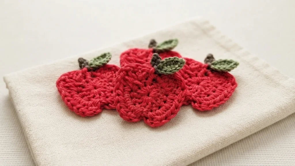 Four crocheted red apple appliques with brown stems and green leaves arranged on a folded cream fabric.