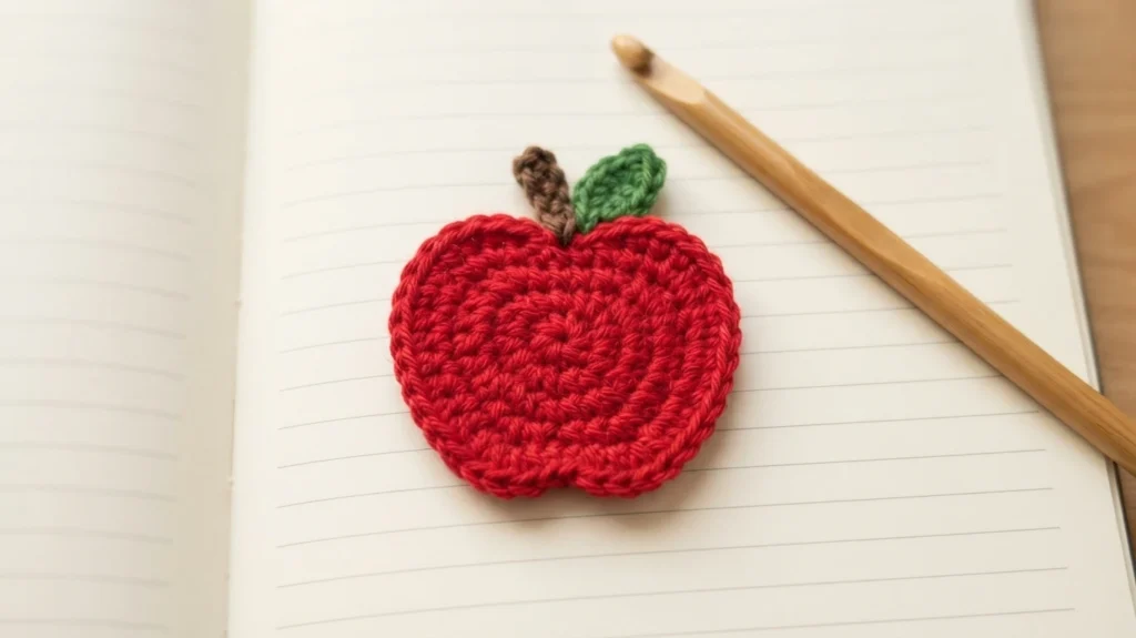 Crochet apple applique in red yarn with a brown stem and green leaf, resting on an open lined notebook beside a wooden crochet hook.