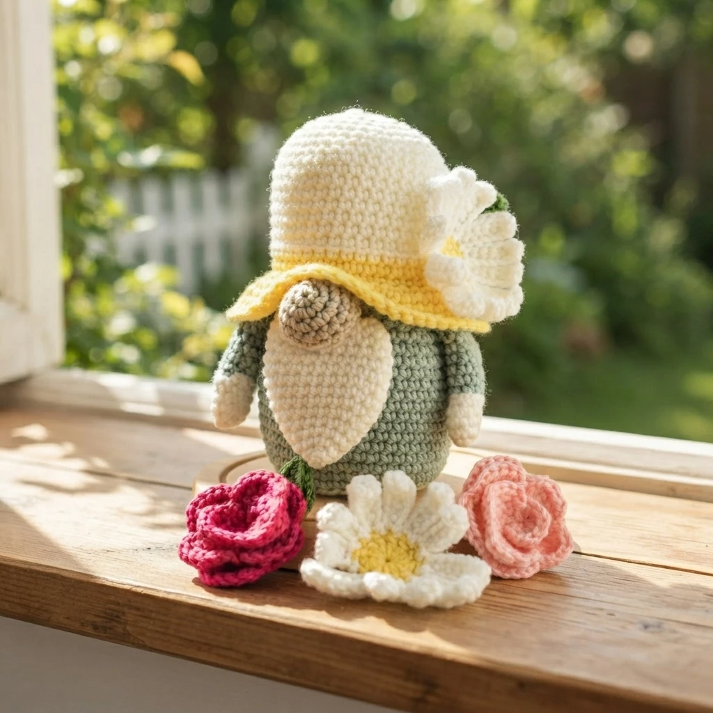 Crochet daisy gnome with white hat, yellow brim and side daisy, white beard and beige nose, with three small crochet flowers in front