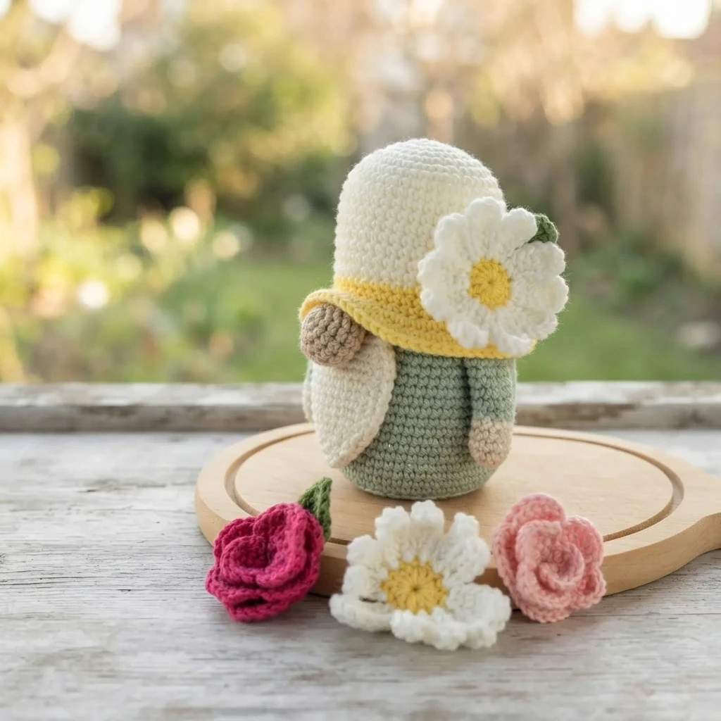 Crochet daisy flower gnome with white and yellow hat, white beard and sage green body on a wooden board, surrounded by crochet roses and a daisy.
