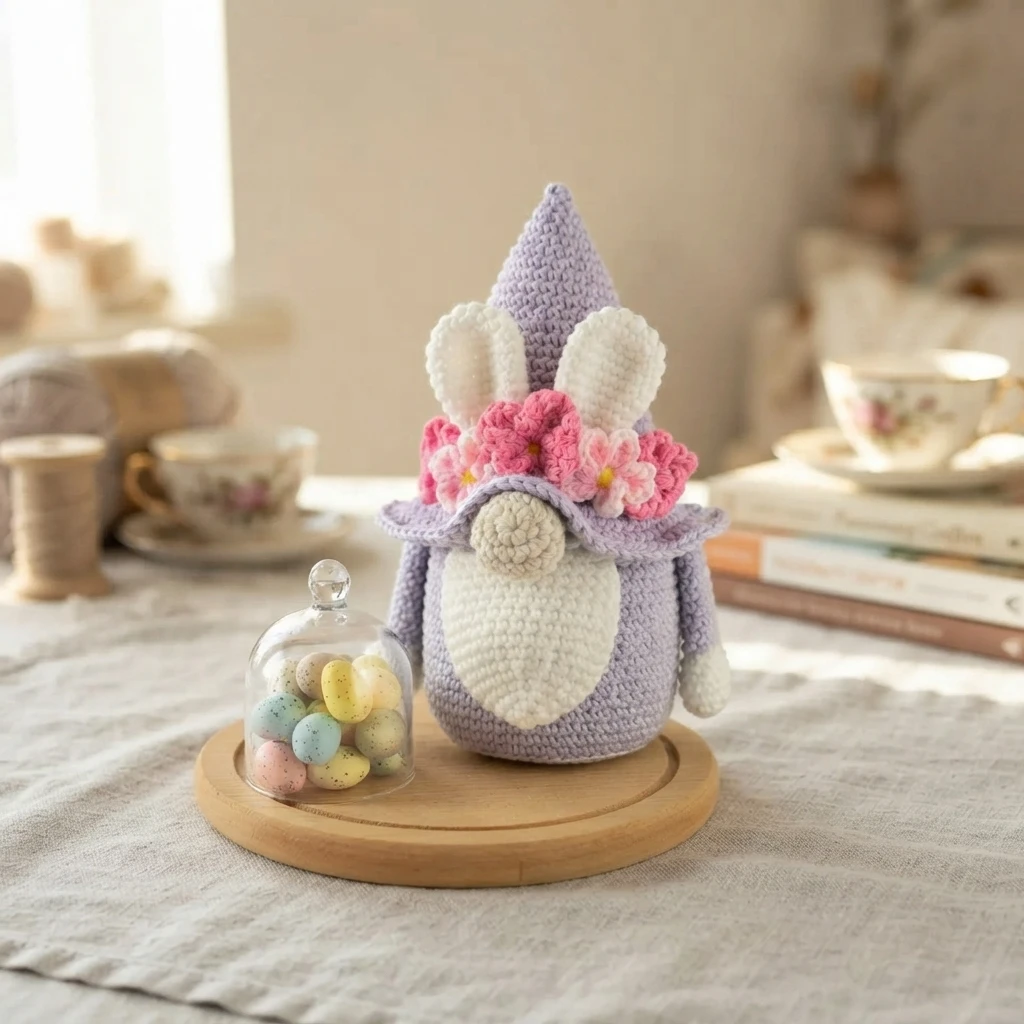 Lavender crochet gnome with white bunny ears and a pink flower garland, beside a glass cloche of pastel eggs on a wooden tray.