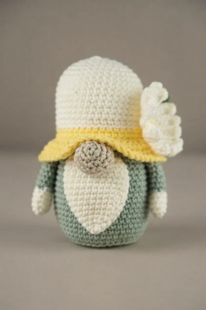Crochet daisy flower gnome with white hat, yellow brim, white beard and a white daisy on the hat, against a plain beige background