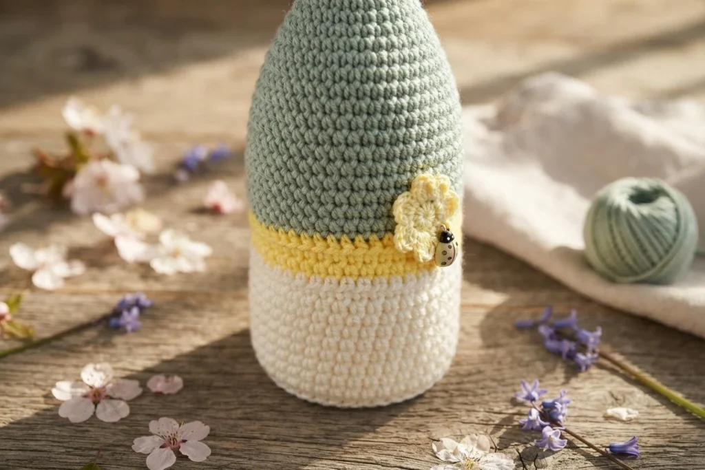 Crocheted gnome hat with sage green pointed top, yellow band and white base, decorated with small yellow flower and ladybug charm, styled on wooden table with blossoms and yarn ball