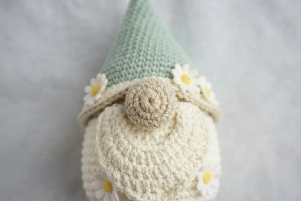 Close-up of a crocheted garden gnome with a mint green pointed hat, white beard, round beige nose and small white daisy appliques