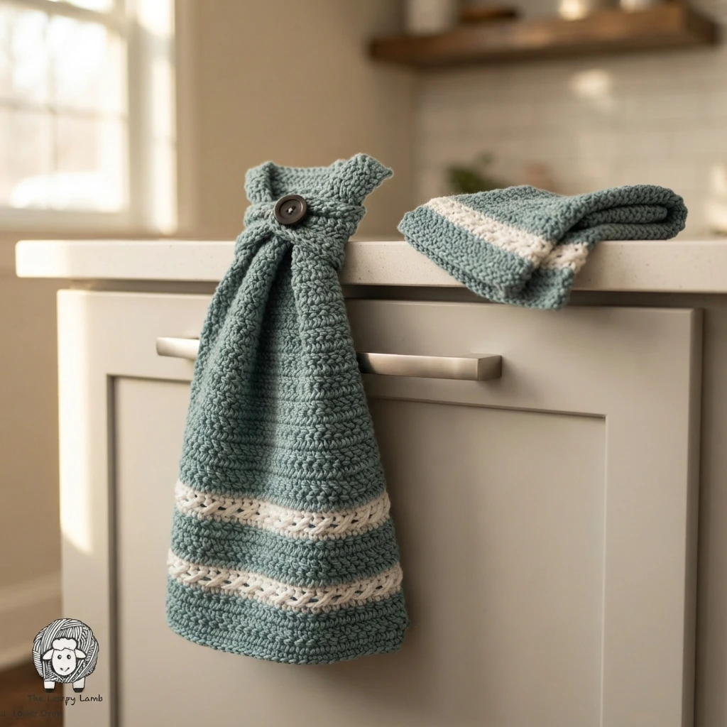 Crocheted sage green hanging dish towel with white striped bands and a dark button, displayed on a light kitchen drawer handle next to a matching folded dishcloth on the countertop.