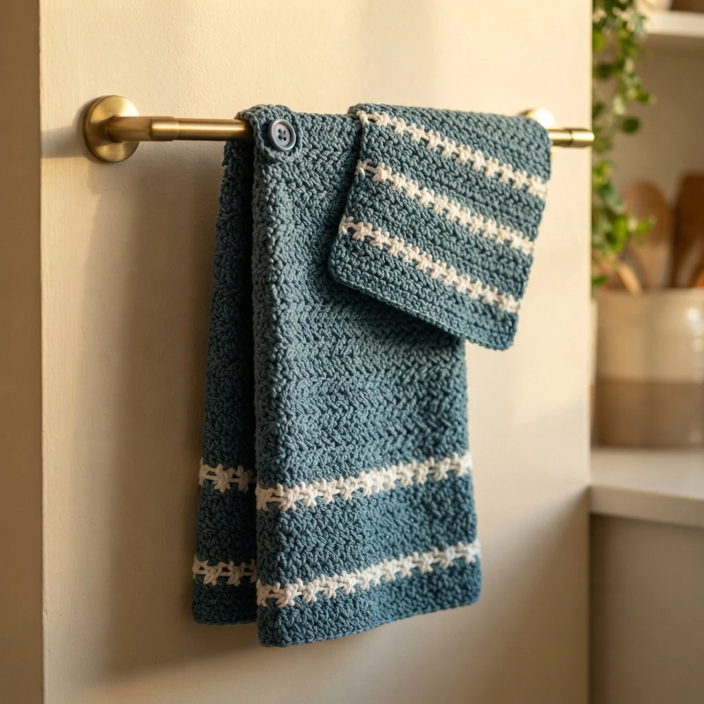 Blue crocheted hanging kitchen towel with cream crossed-stitch stripes and a matching folded dishcloth on a brass towel bar with a button