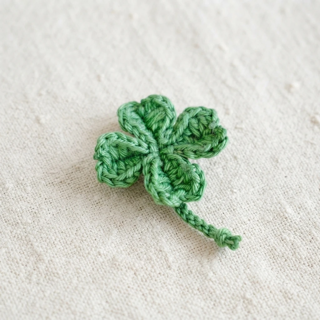 Crocheted green four-leaf clover with a small braided stem resting on beige linen fabric.
