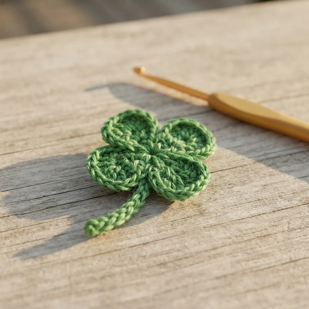 Crocheted green four-leaf clover with a short curved stem lying on a light wooden surface, with a gold crochet hook resting nearby in warm sunlight.