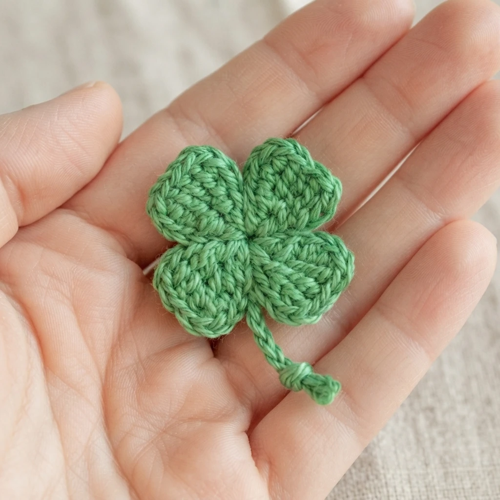 A small green crocheted four-leaf clover with a short stem resting in an open palm
