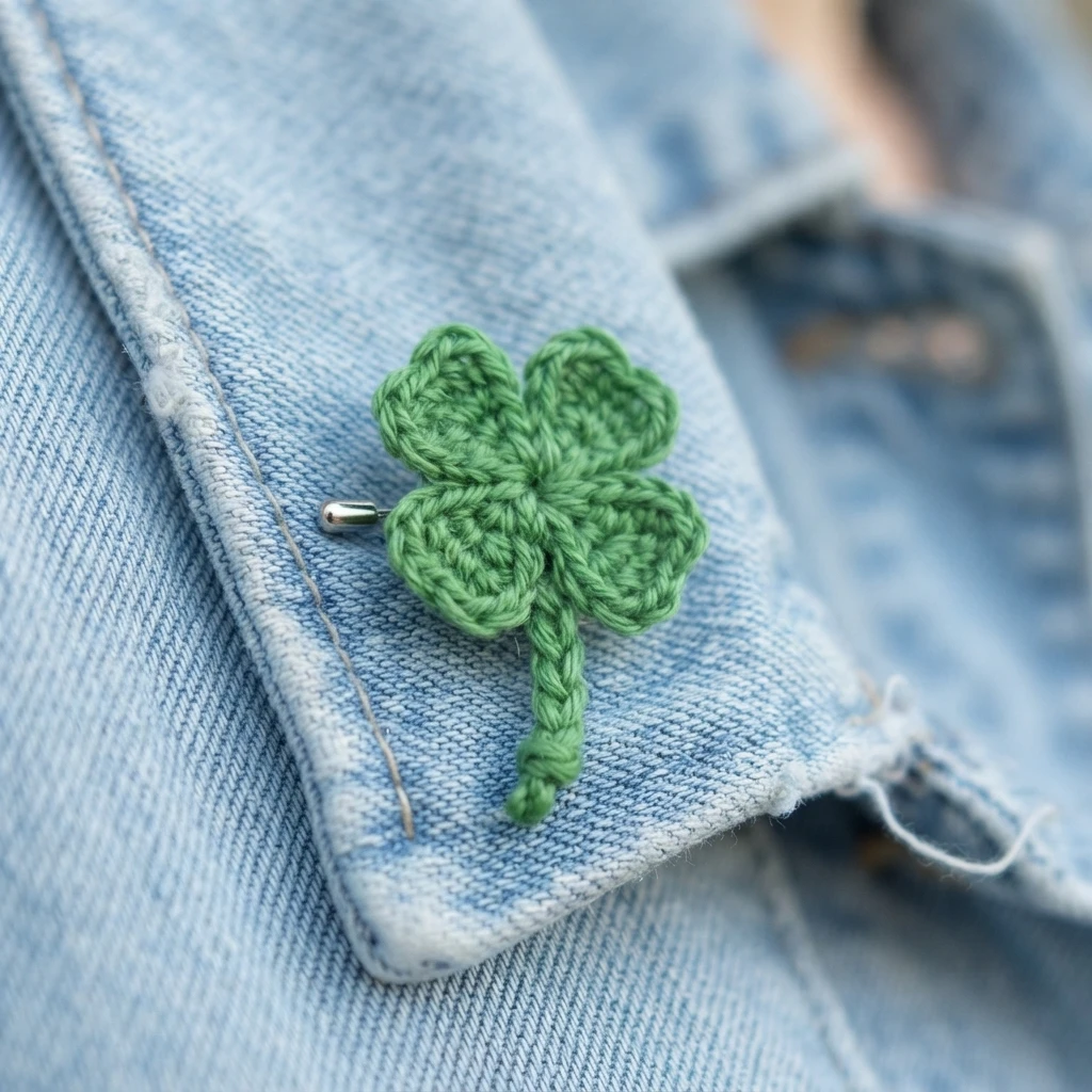 A green crocheted four-leaf clover brooch pinned to the lapel of a light blue denim jacket.