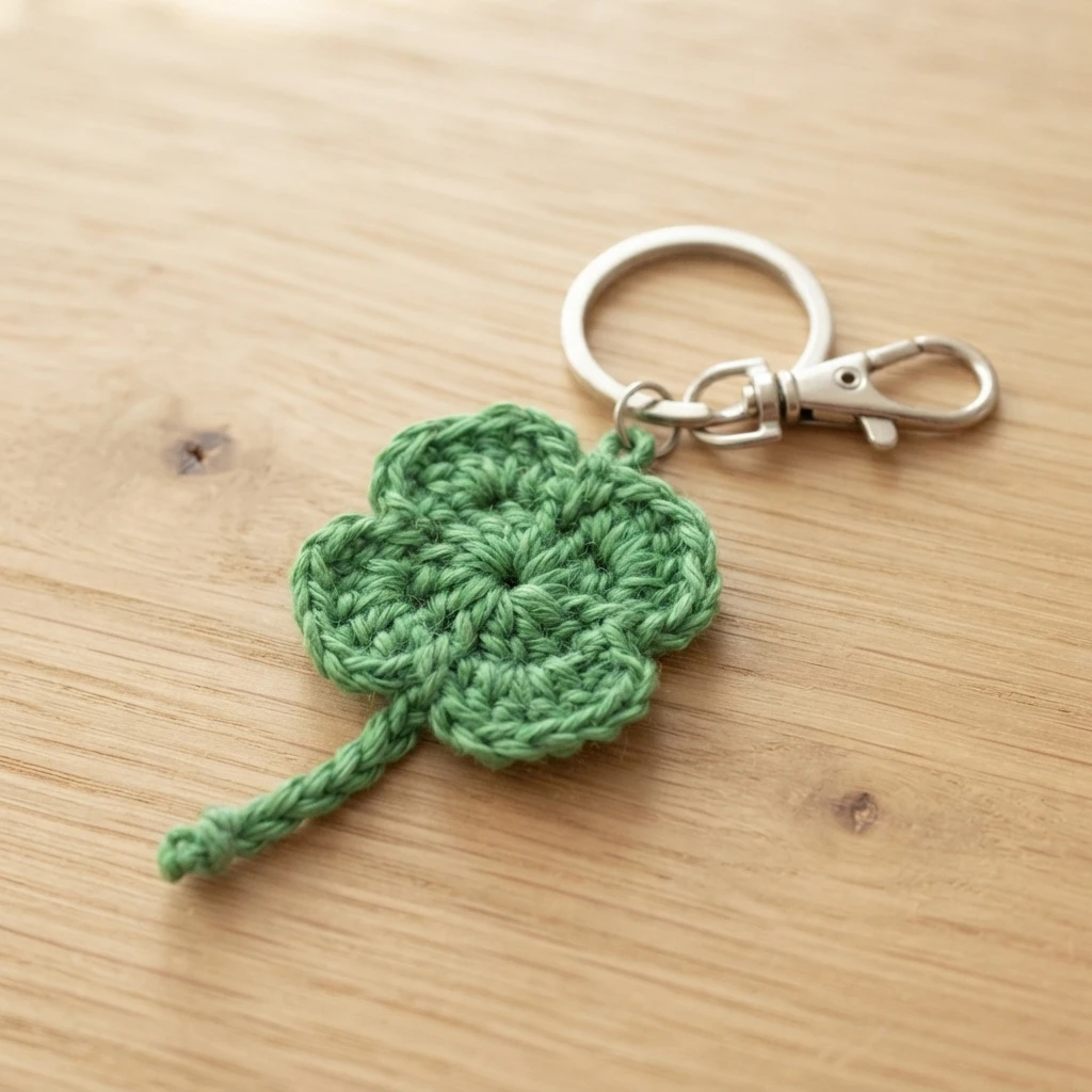 Green crocheted four-leaf clover keychain with silver clasp on a wooden surface