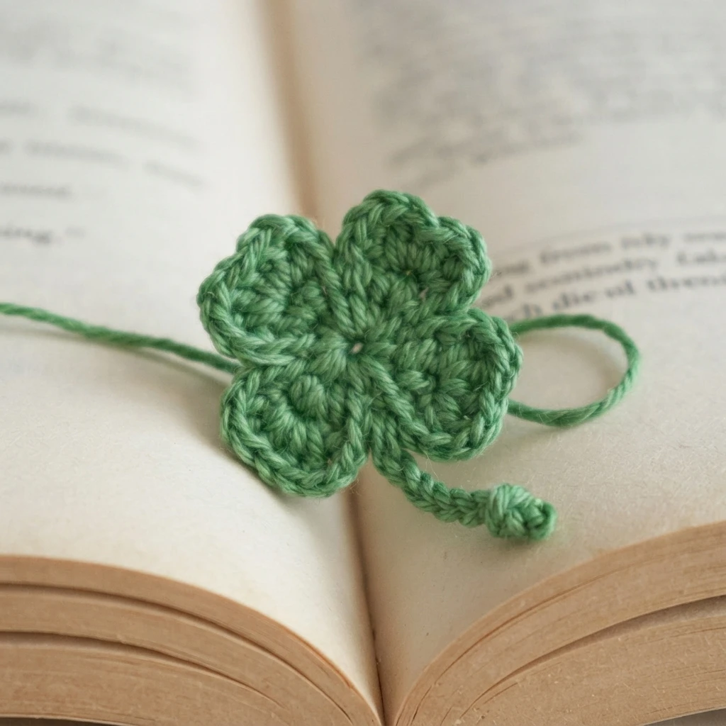 A small green crochet four-leaf clover with a short stem resting on the open pages of a book.