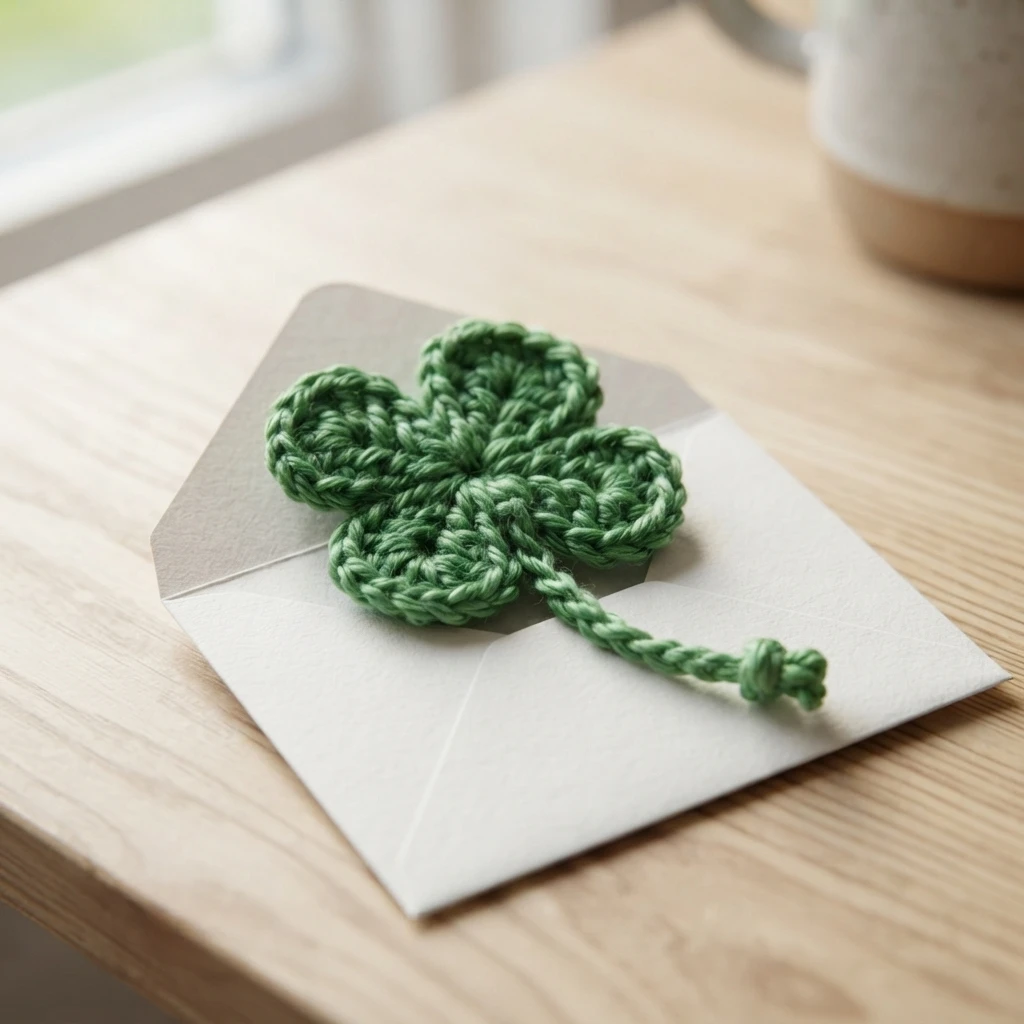 Crocheted green four-leaf clover with braided stem resting on a small white envelope on a wooden table