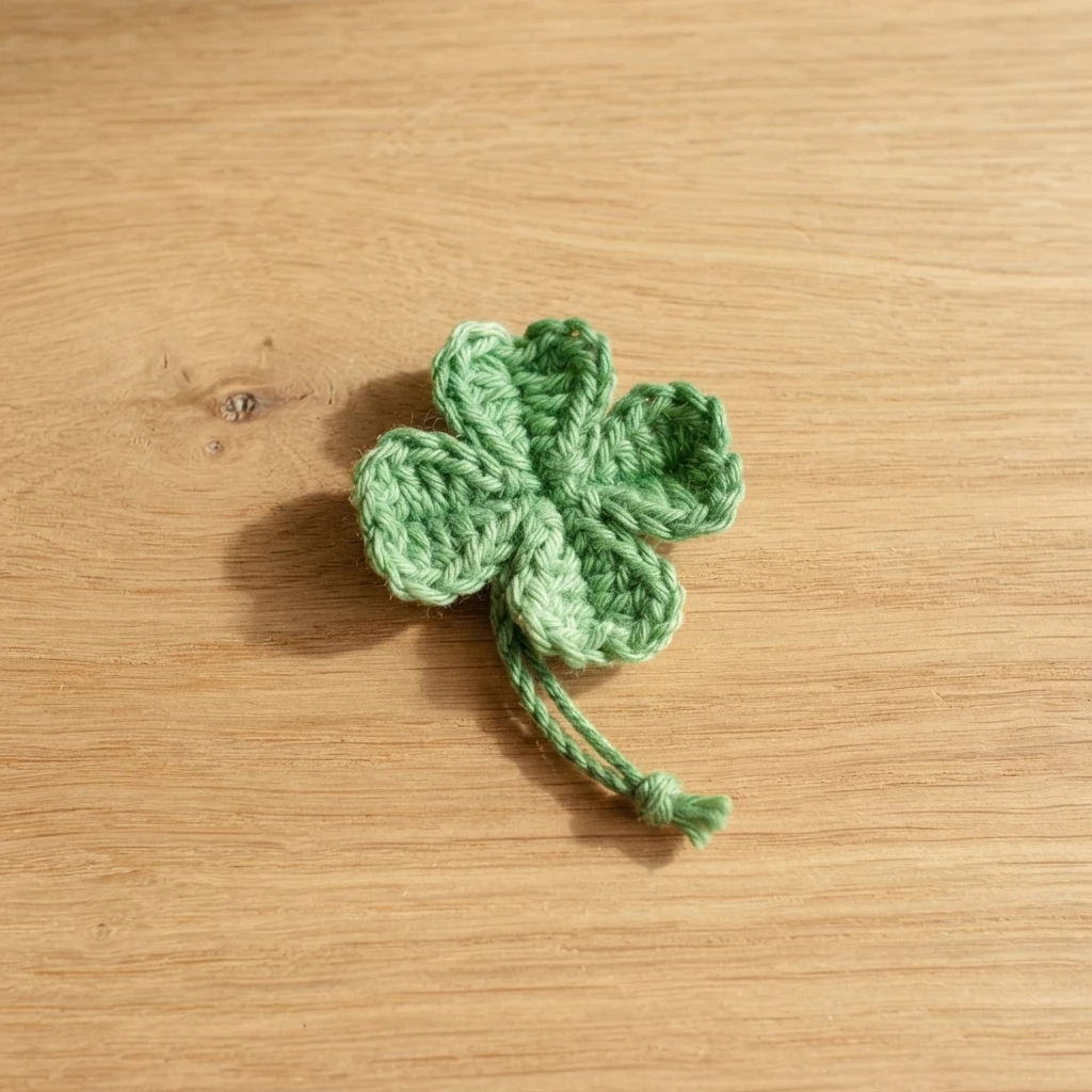 Small green crocheted four-leaf clover with braided yarn stem on light wood