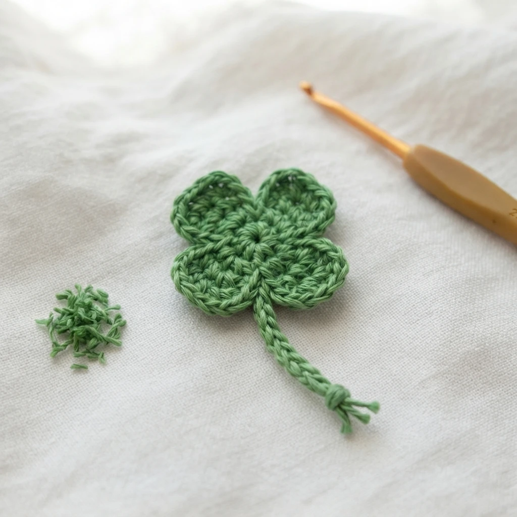 Crocheted green four-leaf clover with a braided stem resting on white fabric beside a gold crochet hook and a small pile of green yarn trimmings