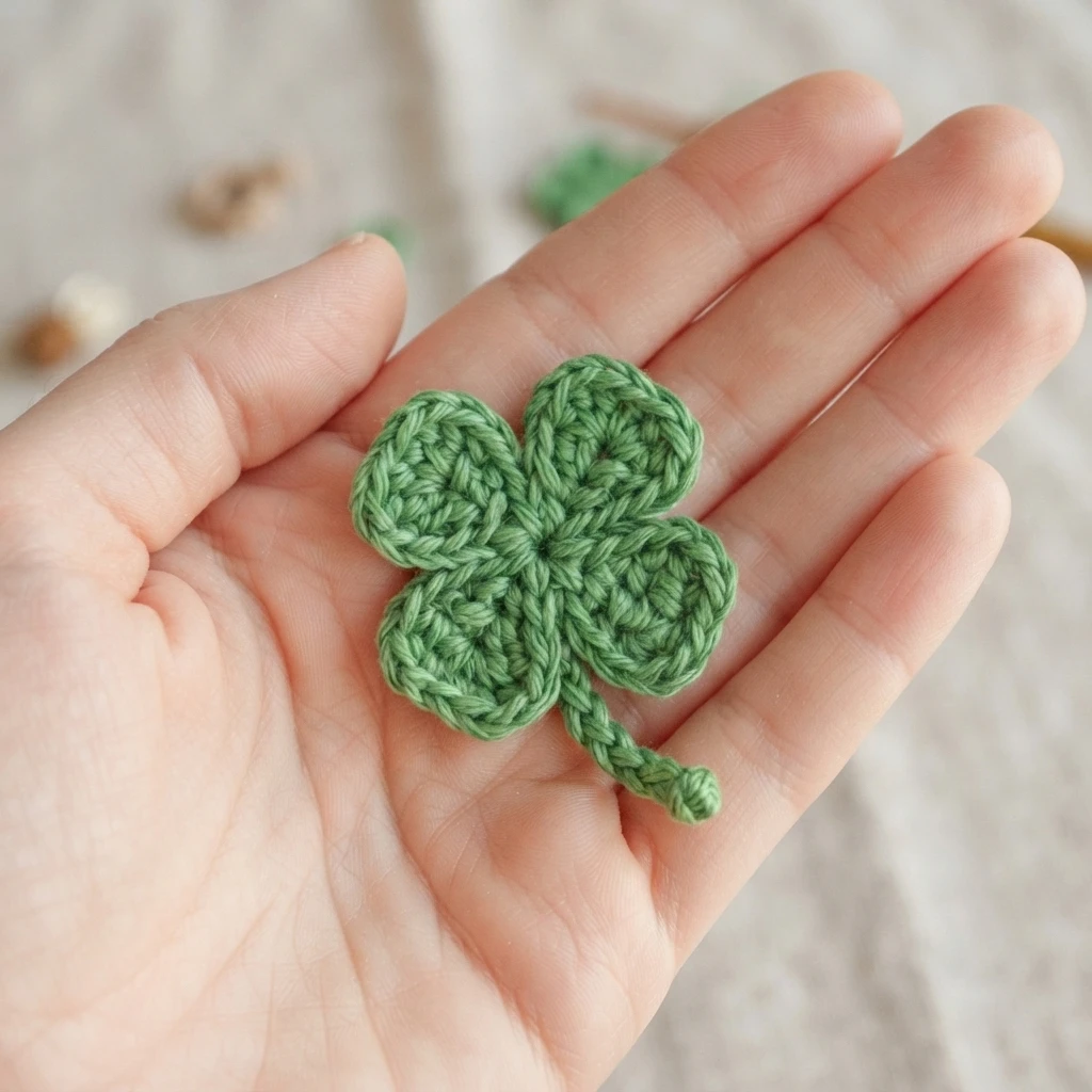 A hand holding a small green crocheted four-leaf clover with a short knotted stem.