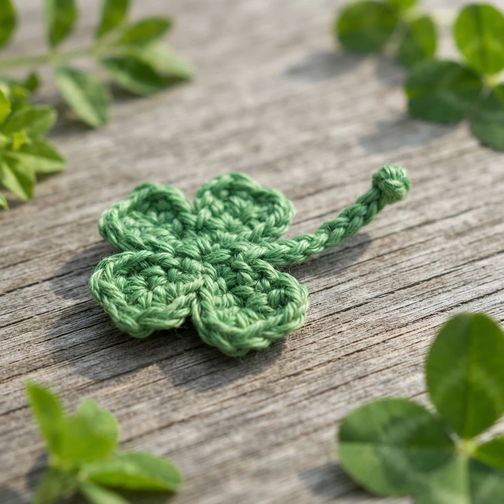 A small green crocheted four-leaf clover with a braided stem resting on weathered wood, framed by soft-focus green foliage.