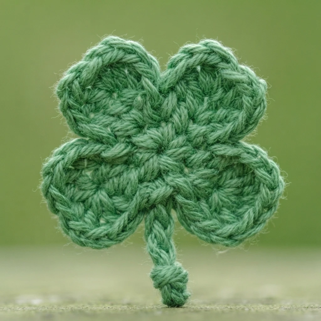 Small green crocheted four-leaf clover with a braided yarn stem, standing against a soft green blurred background.