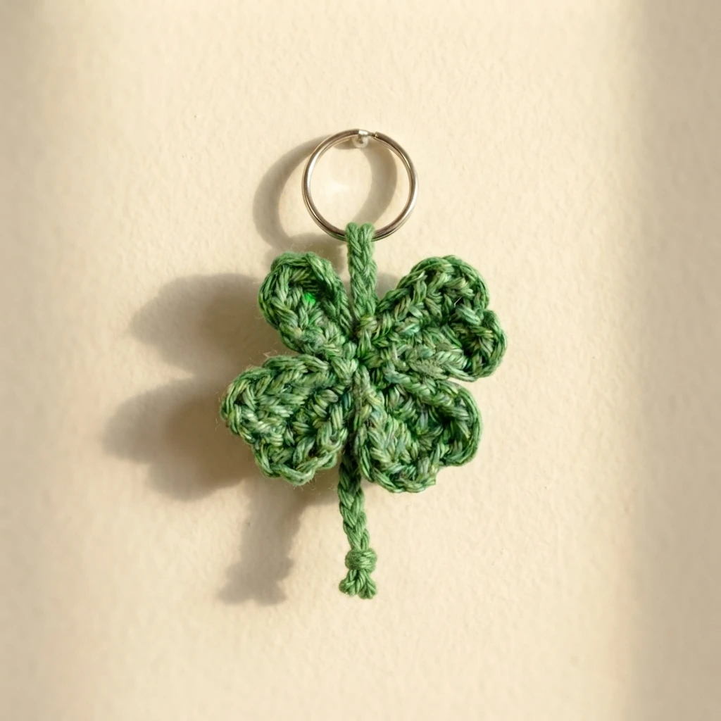 Crocheted green four-leaf clover on a metal keyring, photographed against a cream background.