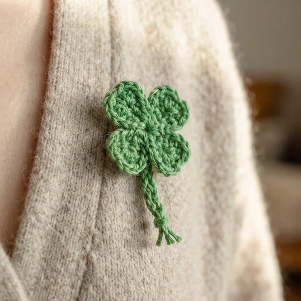 Green crocheted four-leaf clover worn as a brooch on a beige knit cardigan