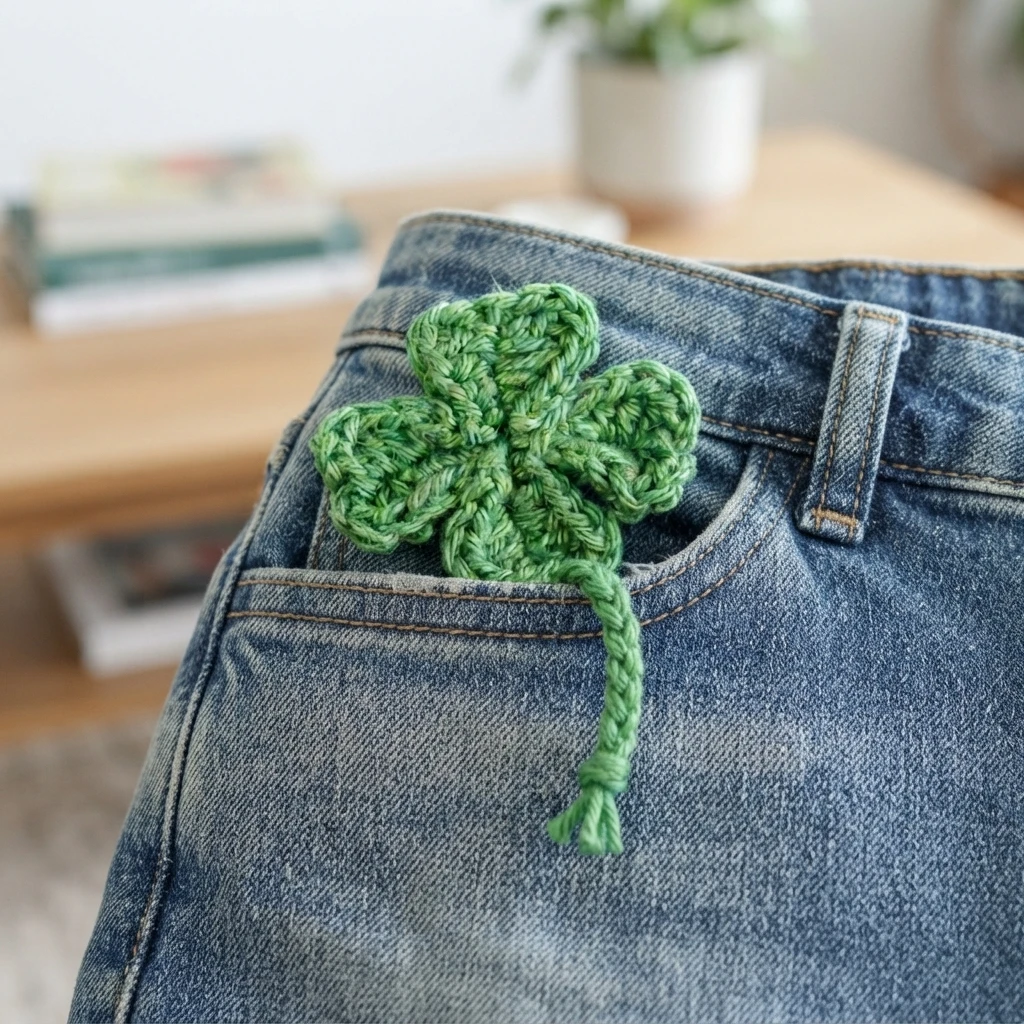 Green crocheted four-leaf clover with braided stem tucked into a denim jeans pocket, blurred indoor background