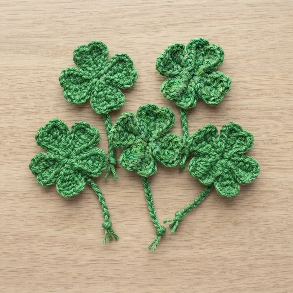 Five small green crocheted four-leaf clovers with braided stems arranged on a light wooden surface.
