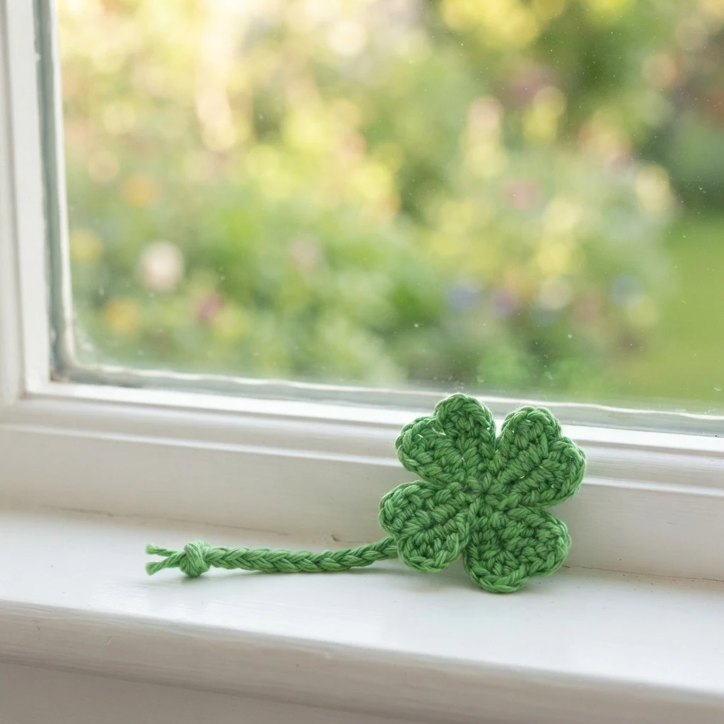 Crocheted green four-leaf clover with a braided yarn stem resting on a white windowsill