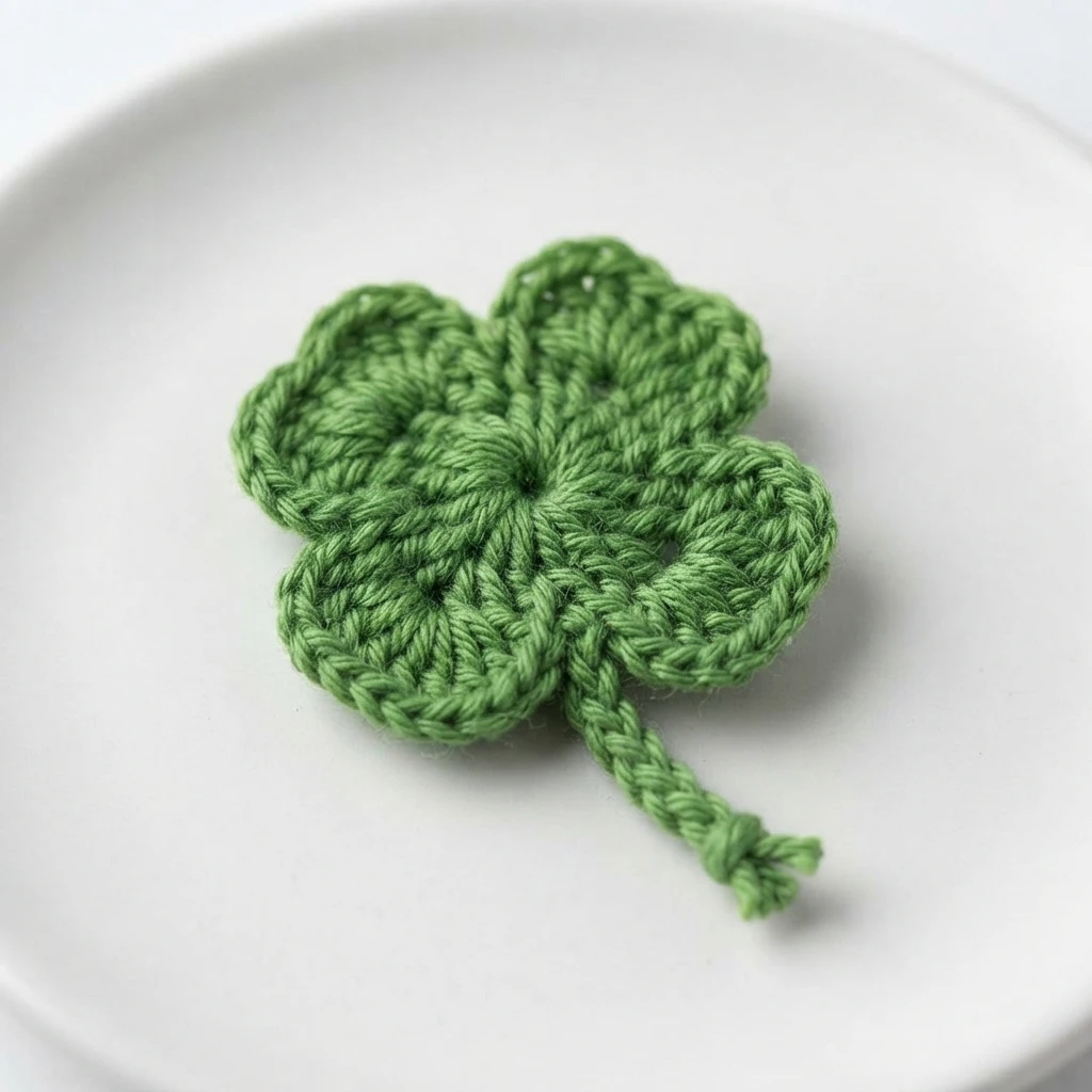 A green crocheted four-leaf clover with a braided stem resting on a white plate.