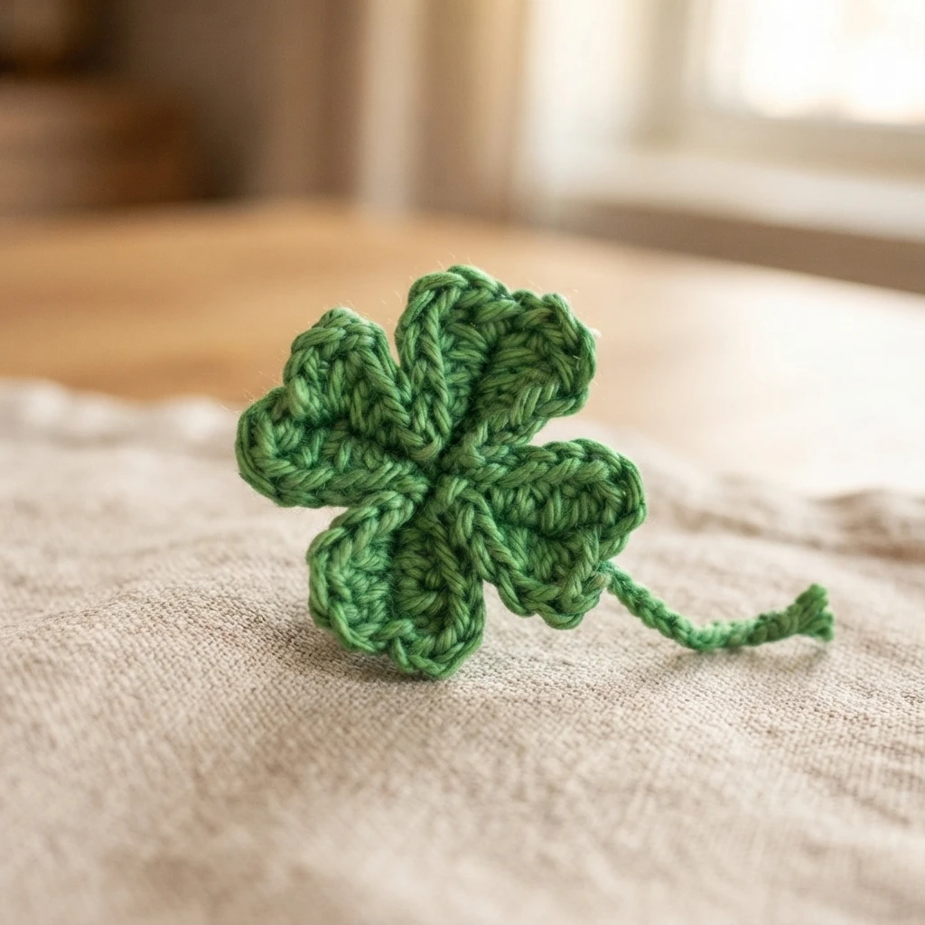 Crocheted green four-leaf clover with a small braided stem resting on beige linen fabric near a window.