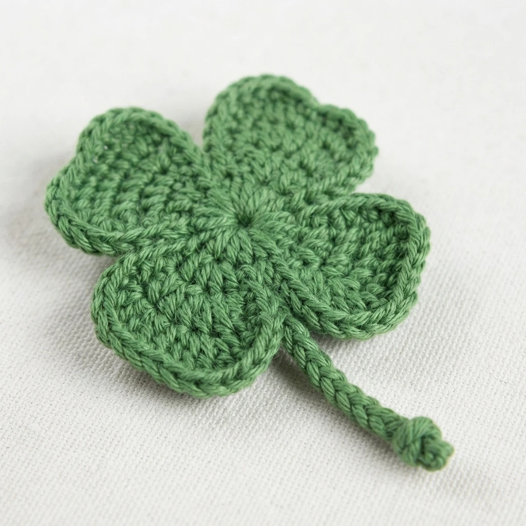 A small crocheted four-leaf clover in medium green yarn with a short knotted stem, lying on white fabric.