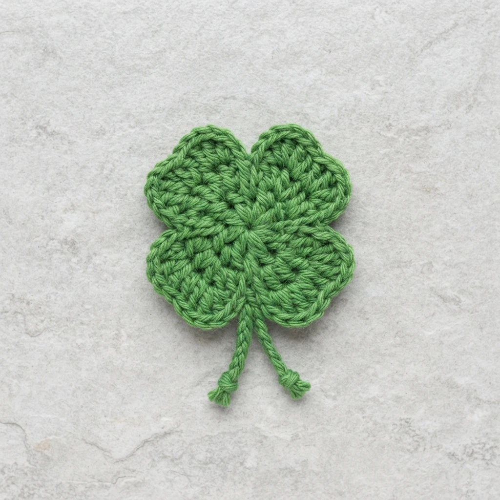 A small crocheted four-leaf clover in bright green yarn with two short knotted braided stems, photographed from above on a light grey stone surface.