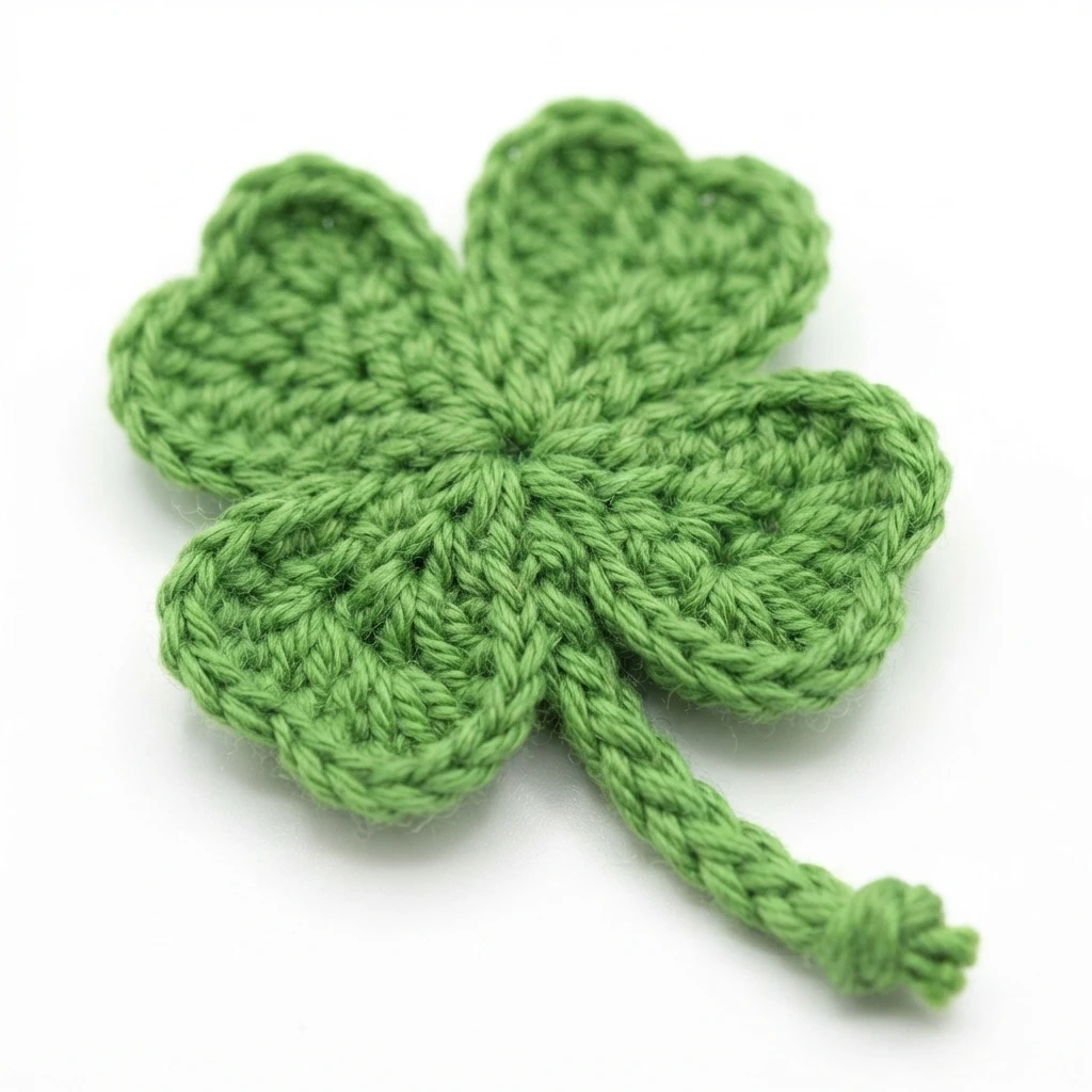 Crocheted green four-leaf clover with a short knotted stem lying on a white background.
