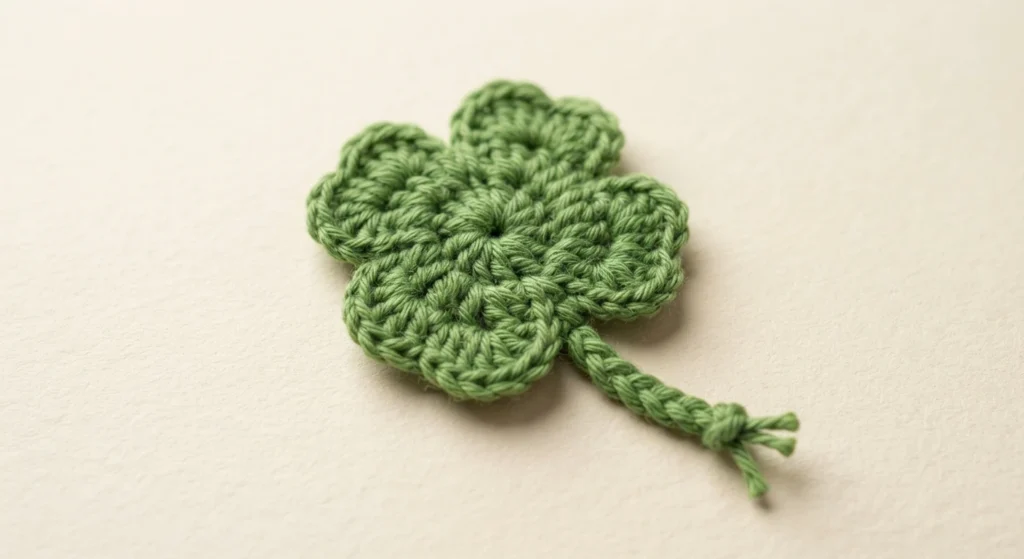 Crocheted green four-leaf clover with a short braided stem on a cream background