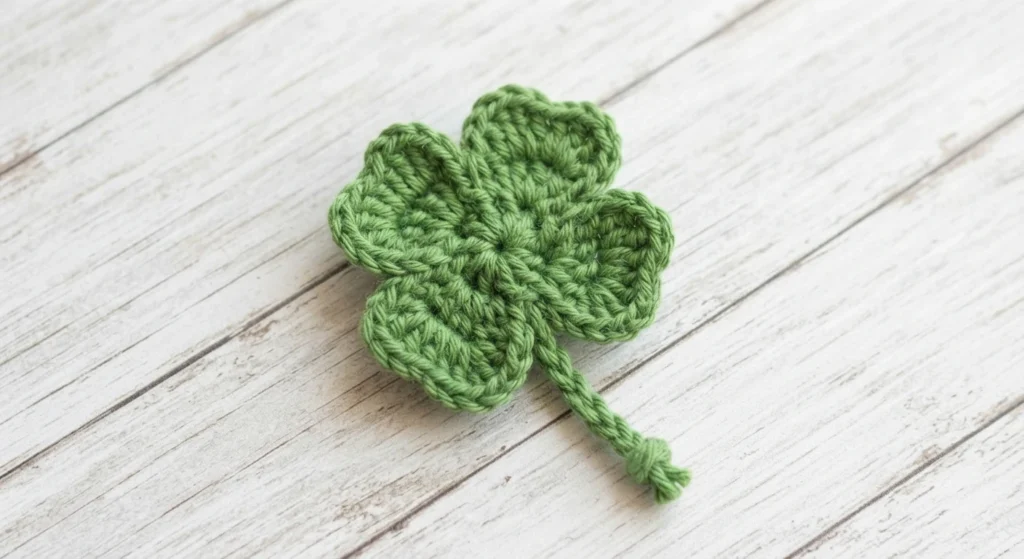 A green crocheted four-leaf clover with a knotted braided stem lying on a whitewashed wooden surface.