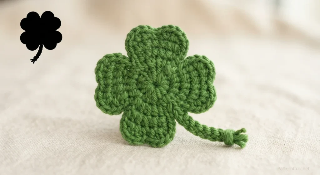 Single green crocheted four-leaf clover with braided stem resting on beige fabric