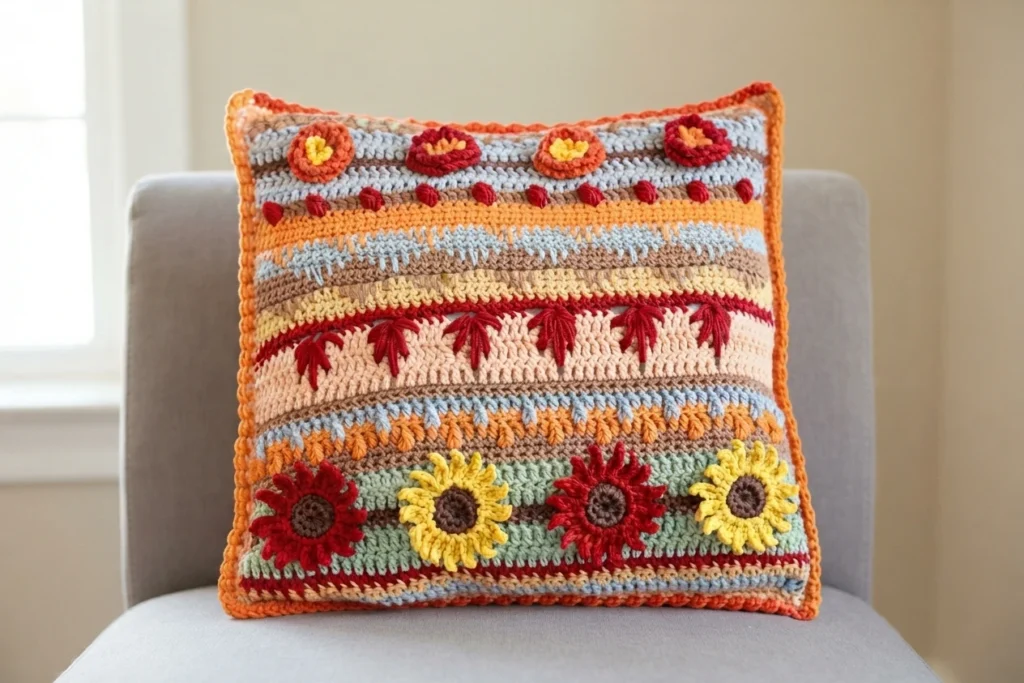 Crochet stitch sampler pillow in autumn colors with textured striped bands, red leaf motifs, a row of red and yellow sunflowers with brown centers, and an orange border, sitting upright on a grey armchair.