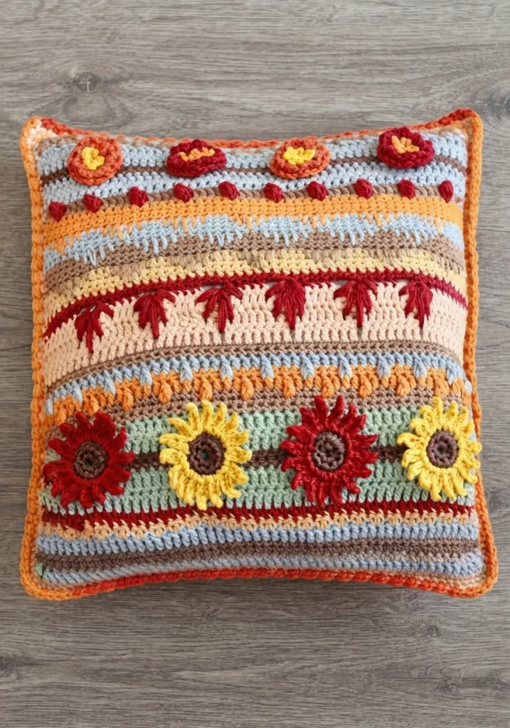 Crocheted square pillow with horizontal sampler stripes in autumn colors, red leaf motifs, small flower appliques near the top and four sunflowers in red and yellow along the lower section, bordered in orange and photographed flat on a wood
