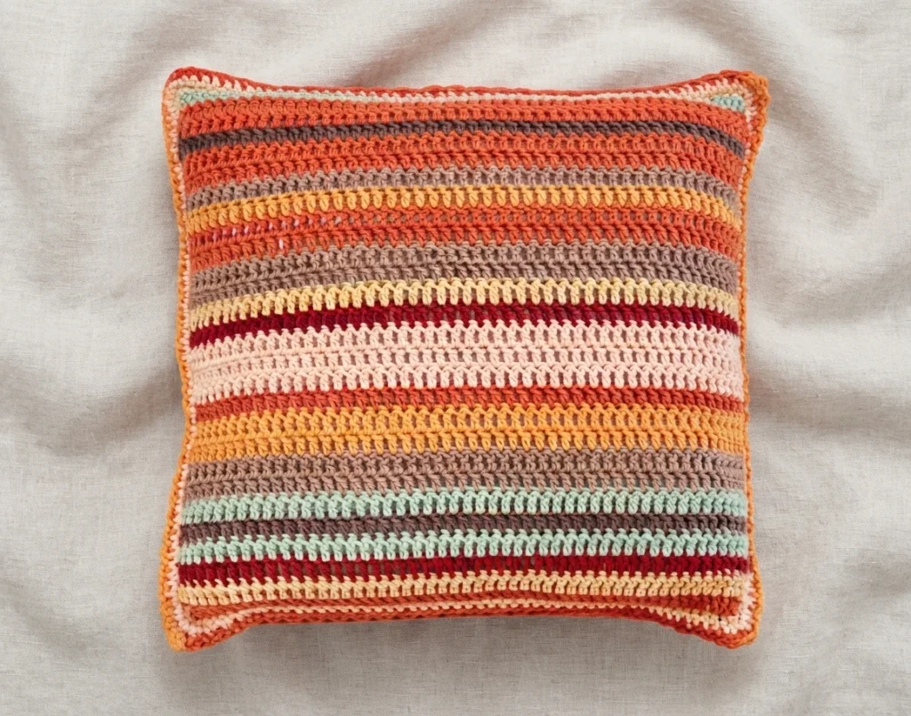Striped crochet pillow in autumn colours resting on light draped fabric, with horizontal bands of orange, brown, cream, dark red, yellow and mint green.