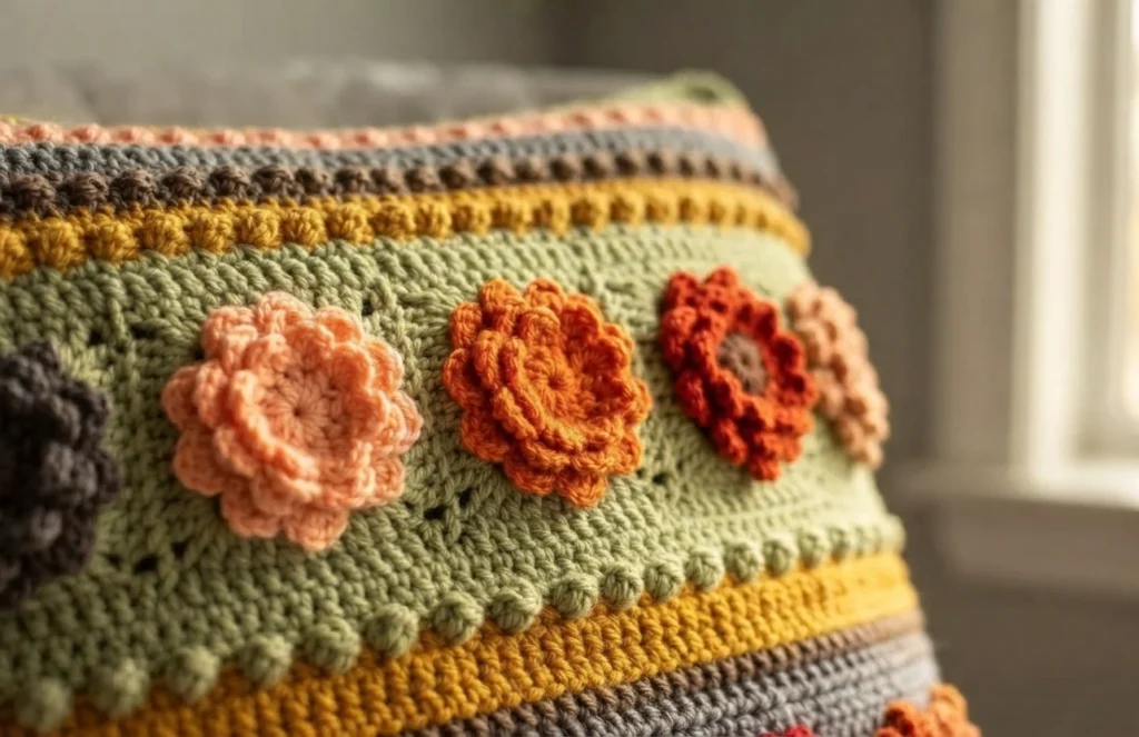 Close-up of a crocheted pillow panel in autumn colors, with layered crochet flowers in peach, orange, red and grey on a green section, framed by rows of bobbles and mustard, brown and grey stripes, photographed indoors near a window.