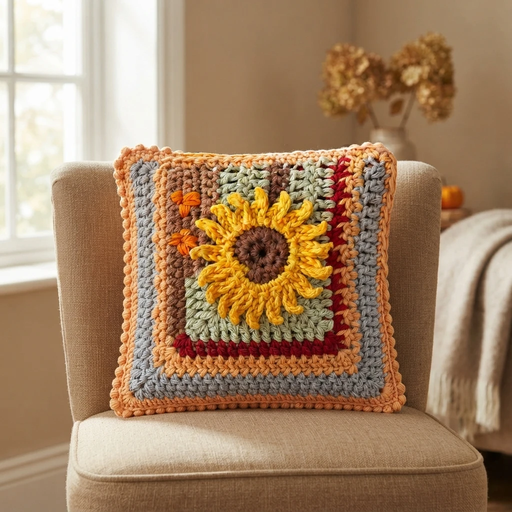 Crocheted square pillow with a large yellow sunflower at the center, surrounded by textured stitch borders in green, grey, red, brown and orange, propped on a beige upholstered chair beside a window with dried flowers in the background.