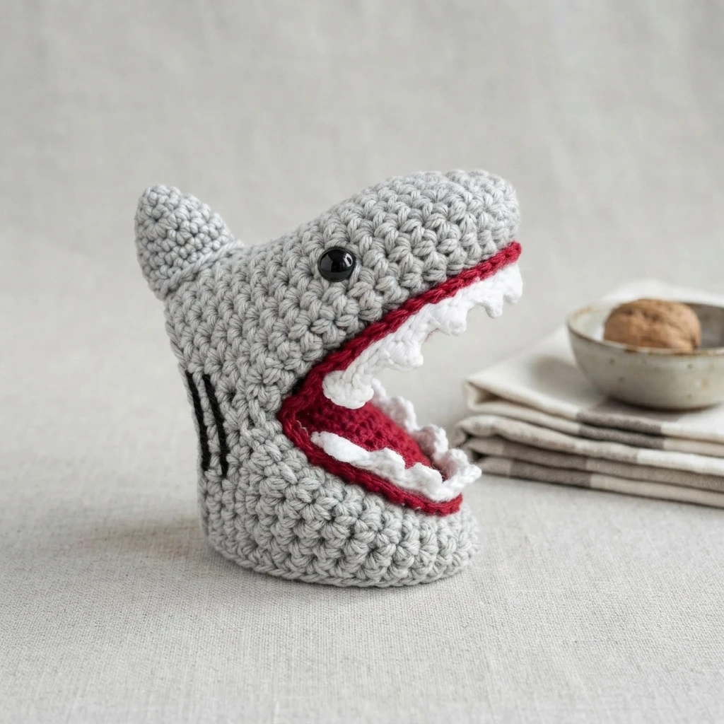 Gray crocheted shark mini oven mitt with red open mouth and white teeth trim, sitting on a table.