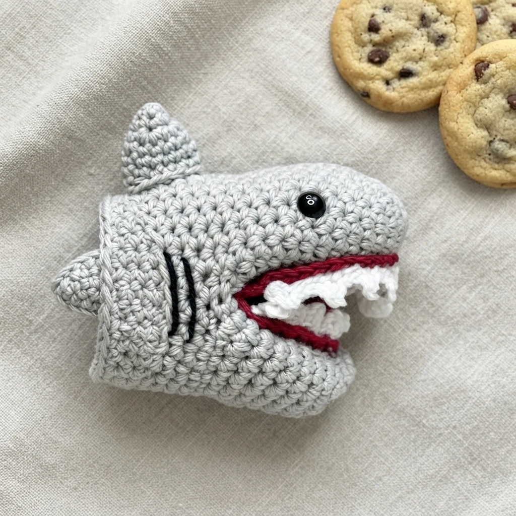 Gray crochet shark mini oven mitt with open red mouth and white teeth, lying on beige fabric next to chocolate chip cookies.