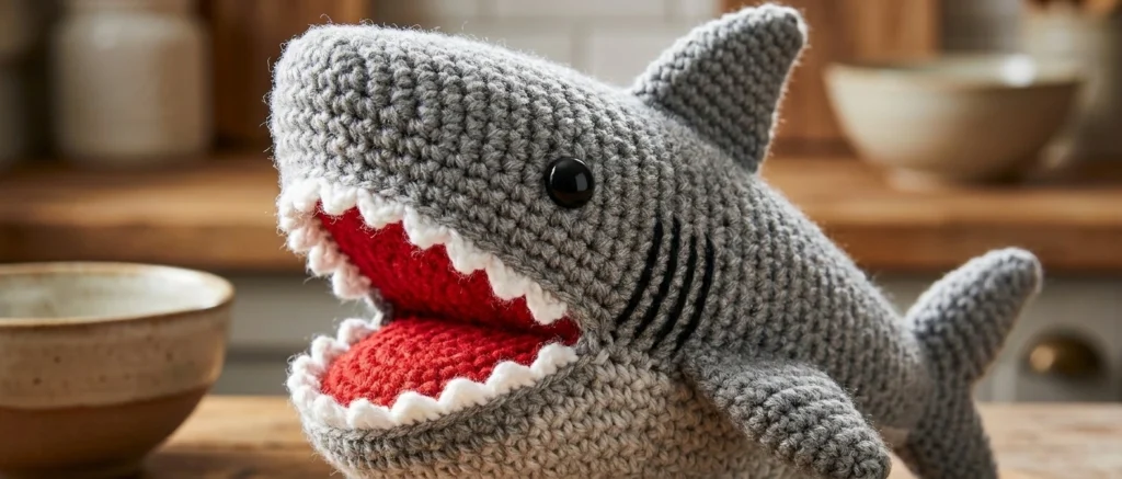 Gray crocheted shark with open red mouth, white teeth, black eye, black gills and fins, displayed on a wooden kitchen counter.
