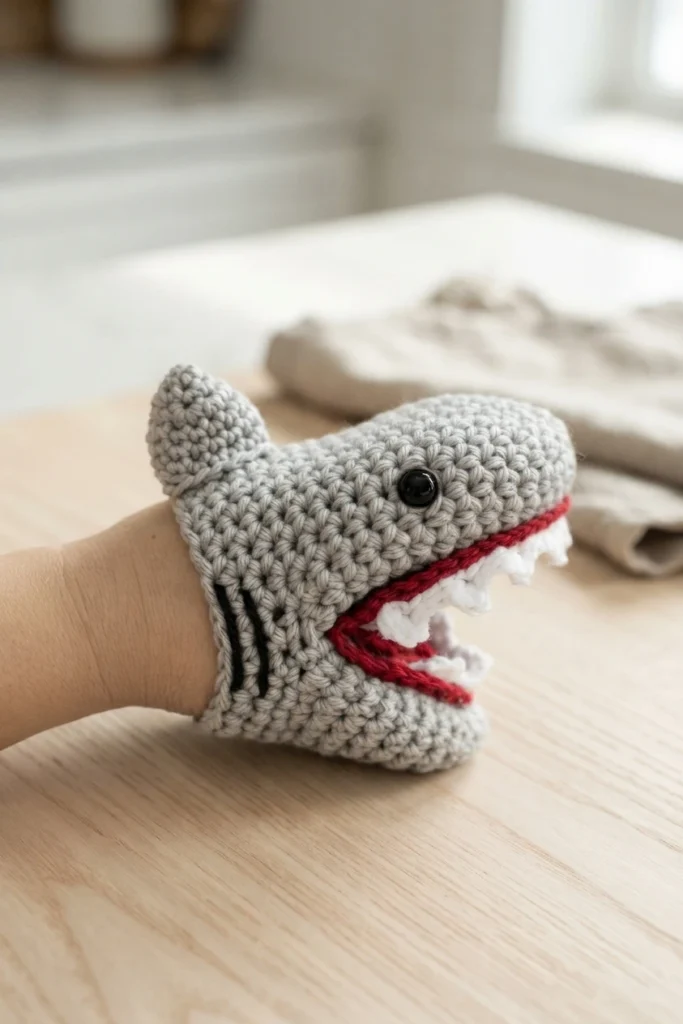 Hand wearing a gray crocheted shark oven mitt with open mouth, red lining, white teeth, black eye and small dorsal fin, resting on a light wooden table
