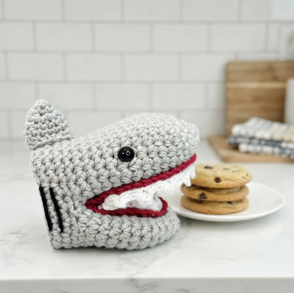 Crocheted gray shark mini oven mitt with red mouth and white teeth beside a plate of cookies.