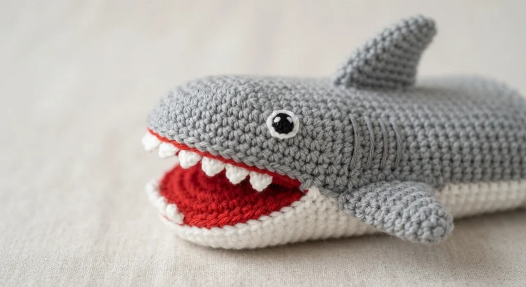 Crocheted gray shark oven mitt with a red mouth, white teeth, black eye and dorsal fin, shown lying on a light surface.