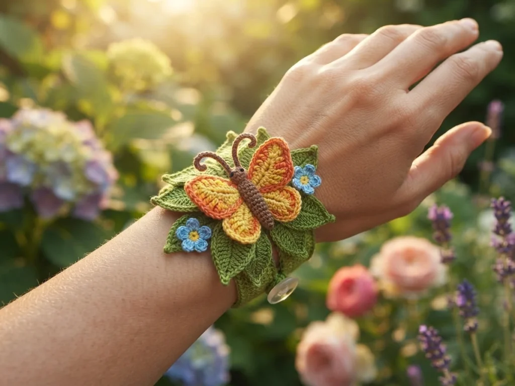 Crocheted bracelet with an orange and yellow butterfly, green leaves, small blue flowers and a button closure, worn on a wrist in a garden