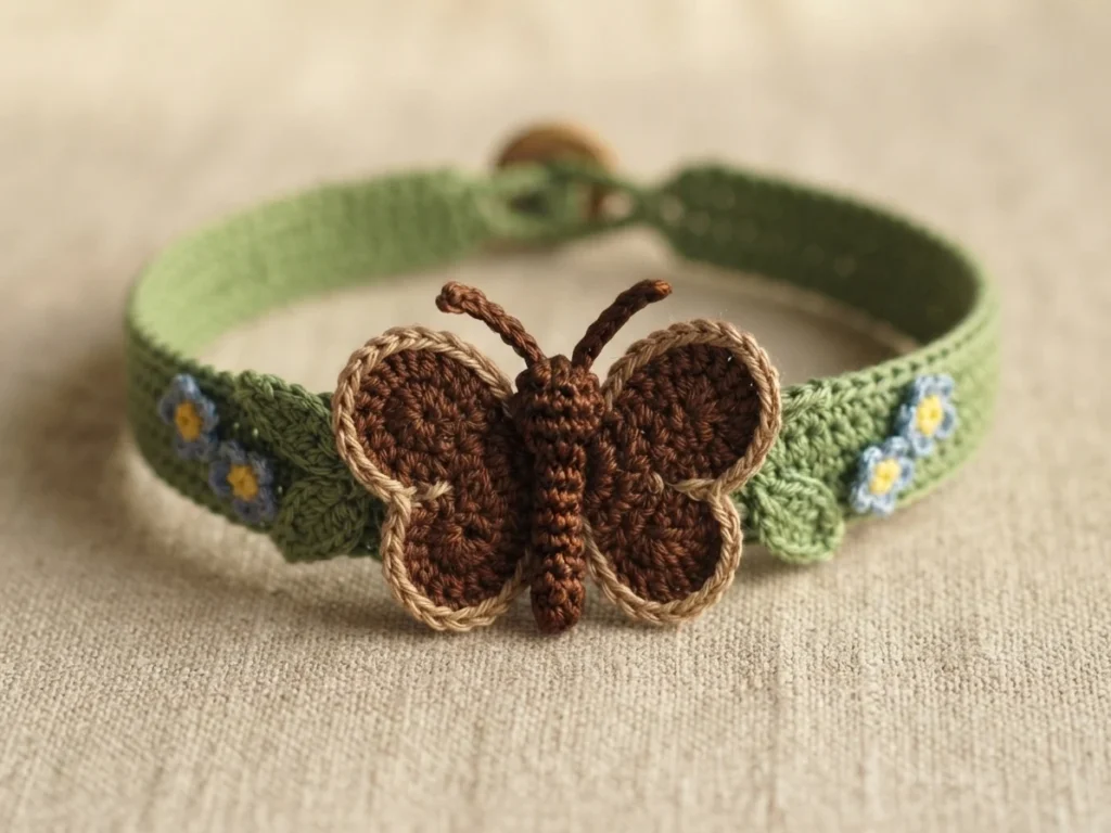 Crocheted green bracelet with a brown butterfly applique, small blue flowers with yellow centers, and a button clasp, photographed on beige fabric.